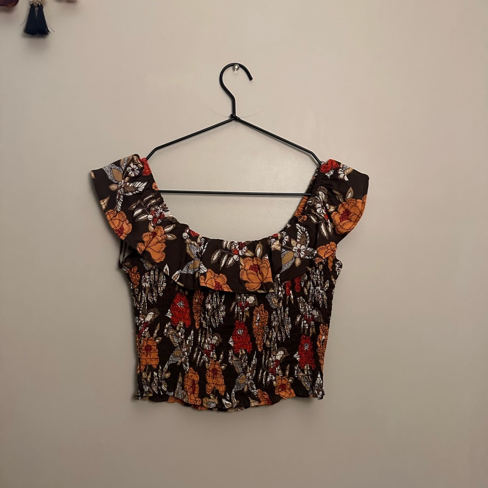 Angie Floral Brown Cropped Blouse Top